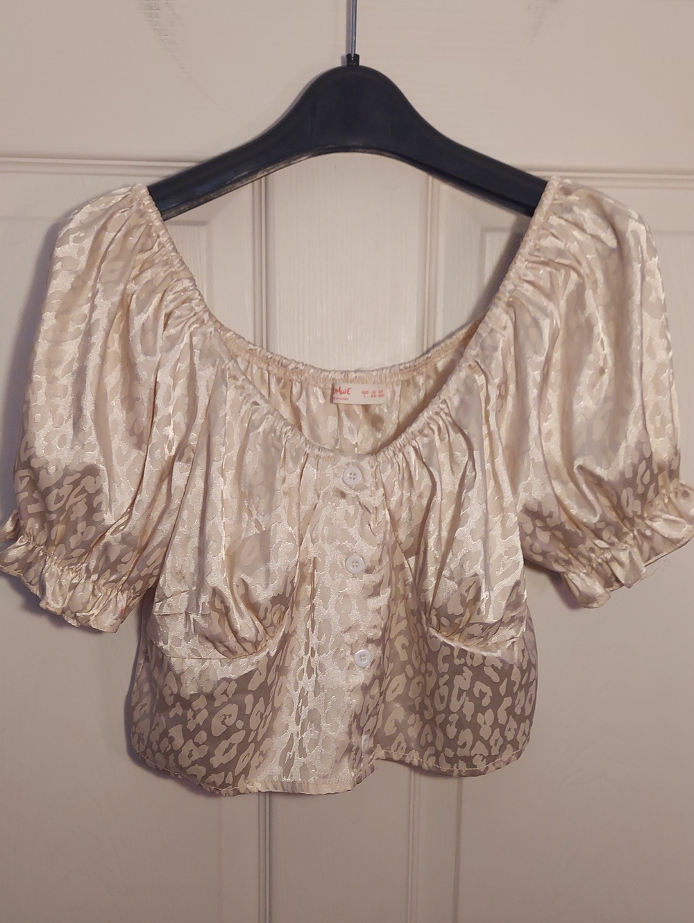 Romwe Satin Leopard Jacquard Corset Top Large Puff Sleeve Cream